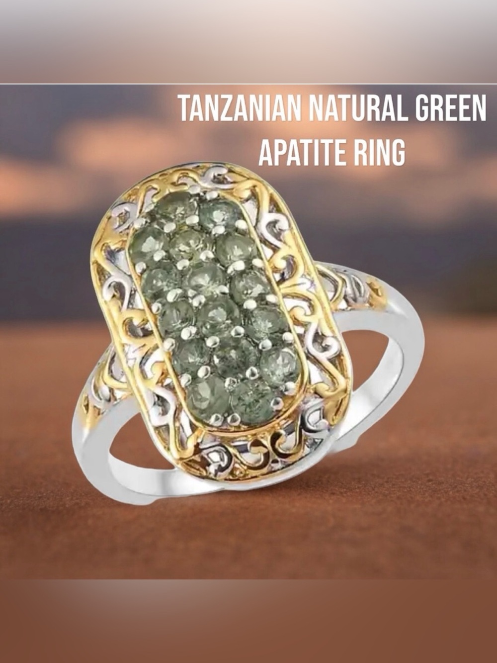 #SS27 Tanzanian Natural Green Apatite Elongated Ring 💍 Size 6.75-7 NWOT